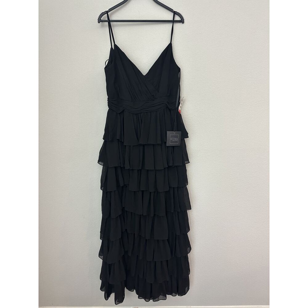 NWT Mac Duggal Black Sleeveless V-Neck Ruffle Tiered Dress 55416 Size 14